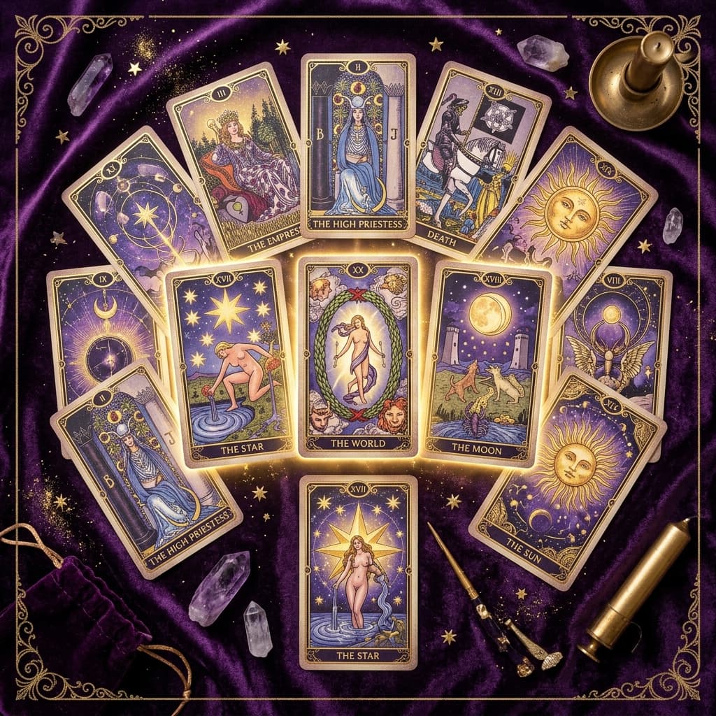Tarot cards spread out during a reading with Lakshika Bansal